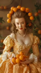 an antique looking lady with a bunch of oranges,a woman in oranges and pearls wearing a long dress