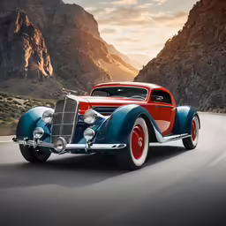a blue and red car driving down the road