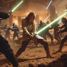 a woman in a star wars outfit fighting with other people