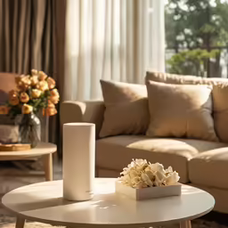 a white coffee table and sofa in a living room