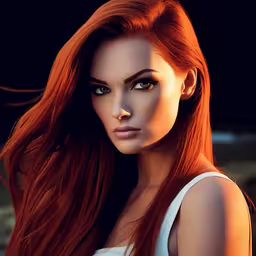 a beautiful woman with long hair posing,an artistic photo of a redhead woman with large wavy hair