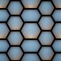 a honeycomb structure with blue and yellow lights inside