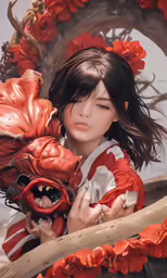 a young girl holding onto an orange dragon like plant