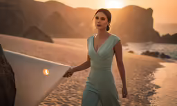 a woman walking on the beach holding a surf board