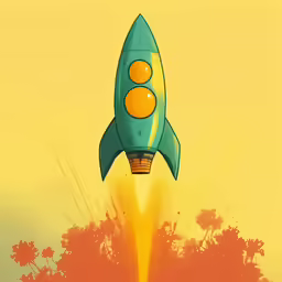 a blue rocket with red and orange lights coming out of it