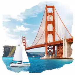 sailboats in the blue ocean near a bridge