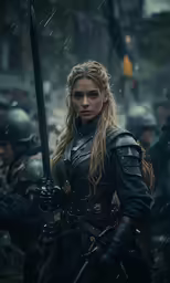 a woman in medieval armor with a sword