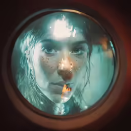 there is a woman that looks through the mirror