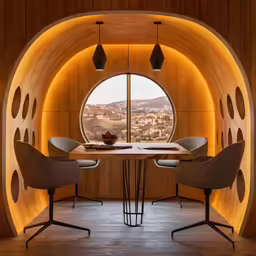a circular window in a wood structure with two chairs around it