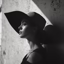 black and white photo of woman wearing hat in front of wall