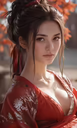 a beautiful woman wearing an oriental dress, and posing in front of some flowers