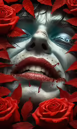 a close up of a person with painted face surrounded by roses