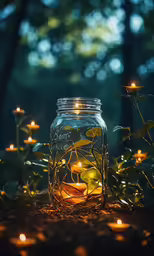 lit candles in a jar filled with water and plants