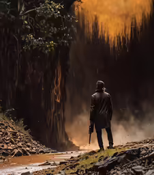 a man standing in the dirt with a rifle