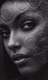 a close up of a woman with circles painted on her face