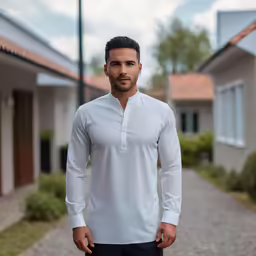 an attractive young man poses in front of two buildings