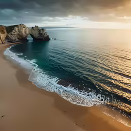 a rocky outcropping in the ocean is seen at sunset