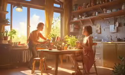 two people sitting at a table in the sunlight