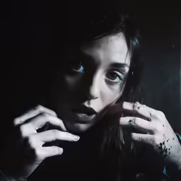 a woman holding her hand up to her face