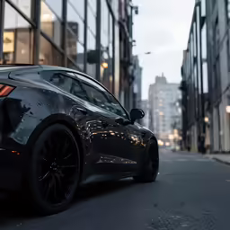 the car is driving down the busy city street