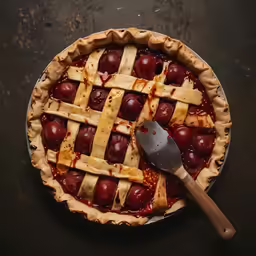 a pie with two slices missing from it, with cherries on the crust