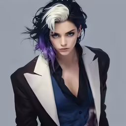 a woman with dyed hair is looking at the camera