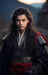 a male with long hair and black clothing,an asian man dressed in traditional costumes