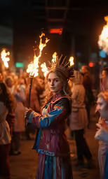 a young girl dressed in native american costume holding a stick with fire flames