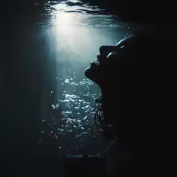 woman underwater in the dark looking up at light