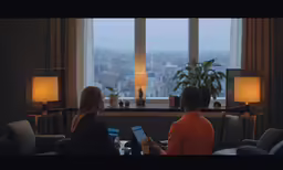 two people are working on a tablet near a large window