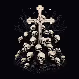 a big white cross with skulls and bats in it