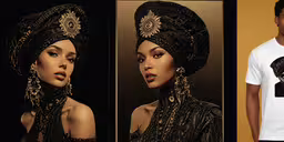 an african woman wearing a turban for fashion,a black woman with gold beads and pearls wearing a turban
