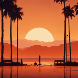 palm trees are silhouetted against a bright orange sunset,a man walking his dog on a beach