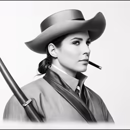 a woman with a gun and cowboy hat