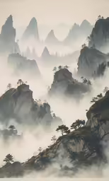 an area of mountains that have trees and mist on them