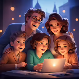 the family is all smiles as they look at their laptop