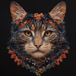 a close - up of a cat with a floral crown