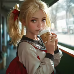 a girl with a ponytail is drinking from a starbucks cup