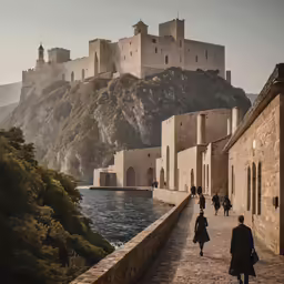 a woman walking on a path between two buildings