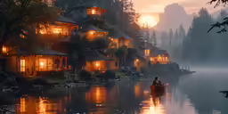 a man rowing a canoe past a house on the shore