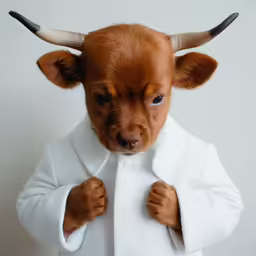 an animal dressed up as a bull is posed for a photograph