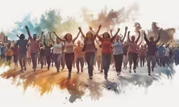 a group of people standing in a circle and holding their arms up