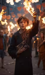 a person holding onto torches near buildings
