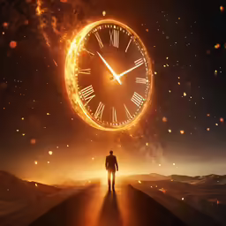 a man walking down a sidewalk past an animated clock