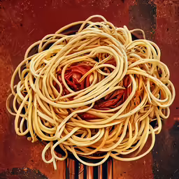 long noodles piled in a spiral in a square vase