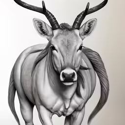a black and white drawing of a gazelle with horns