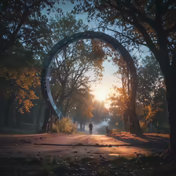a person is walking on a path near an arch