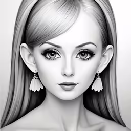 a drawing of a woman with long blonde hair and large earrings