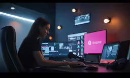 a woman sitting at a desk using her computer