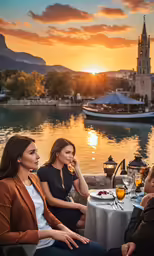 several people are sitting down at a table outside